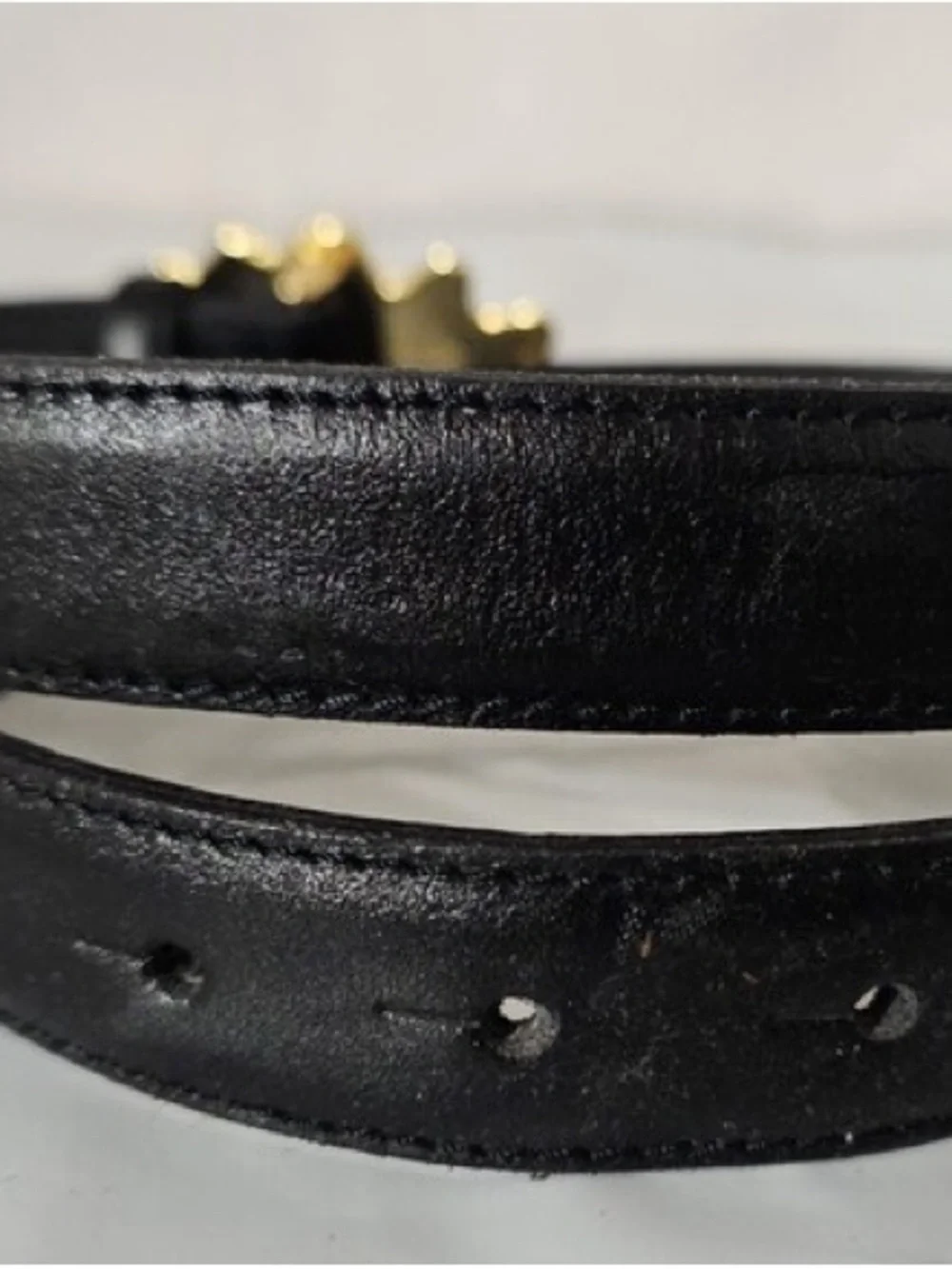 Vintage Ines de la Fressange ~Black Leather Belt with Golden Oak Leaf Buckle
